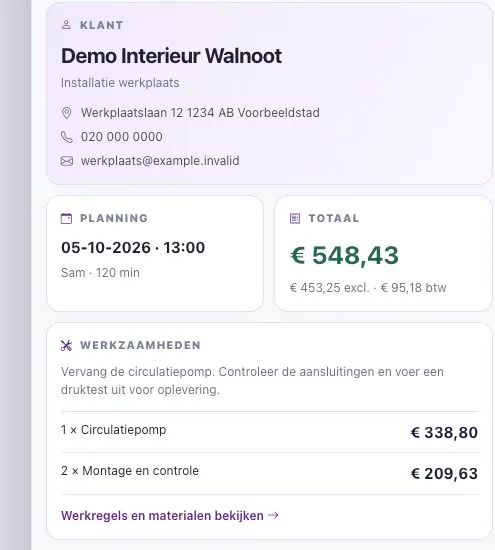 Openbaar CRRM-voorbeeld van een digitale werkbon met fictieve klantgegevens