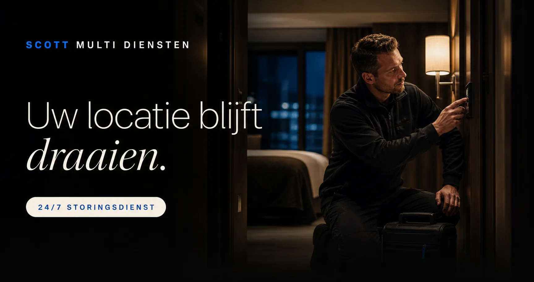 Websitebeeld van Scott Multi Diensten met een monteur op locatie